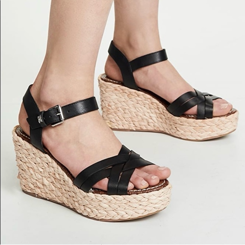 Sam Edelman Darline Black Leather Wedge Espadrilles Sandals Casual Bohemian